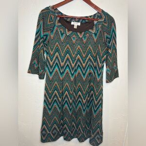 dressbarn Brown and Blue Lined Pleated Knit Dress 3/4‎ Sleeve Women’s Medium